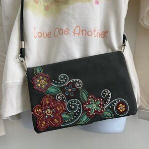 American Bling Gray Purse boho floral Crossbody Bag / Wrislet Bag